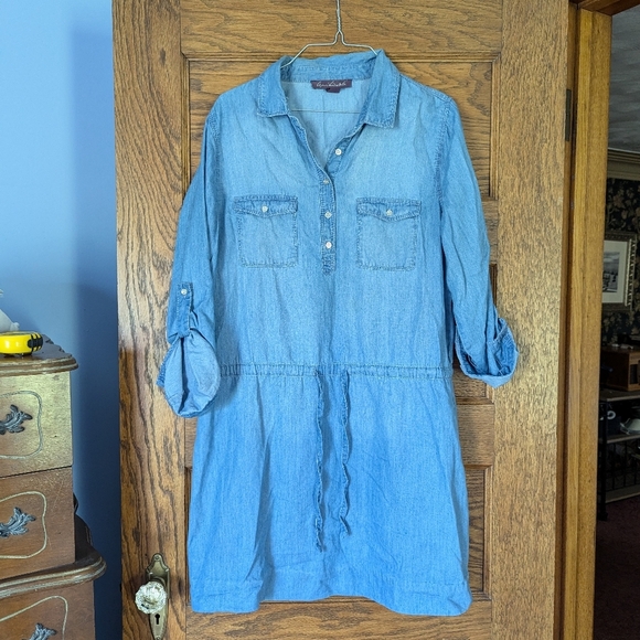 Gloria Vanderbilt Chambray Drawstring Waist Collard Dress Size Women's M - Picture 2 of 7